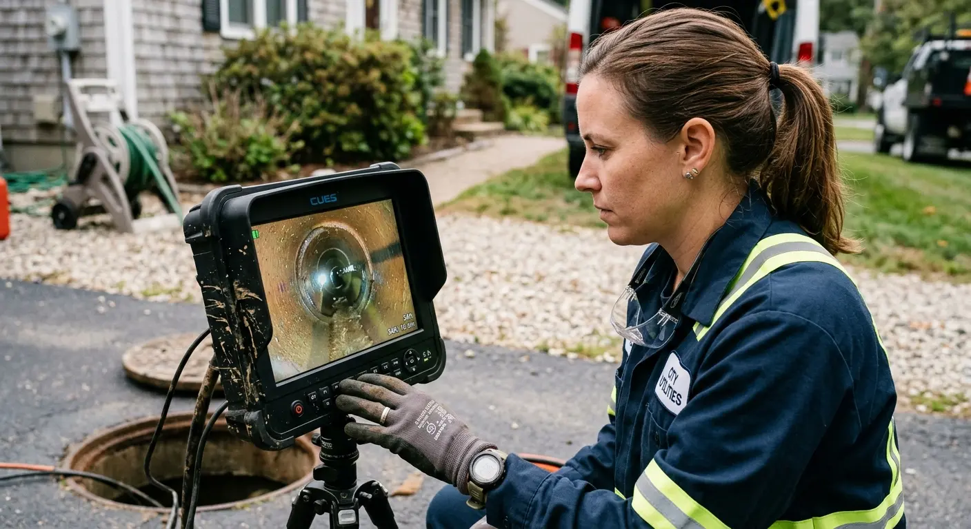 Technician reviewing sewer camera inspection footage in Wantage