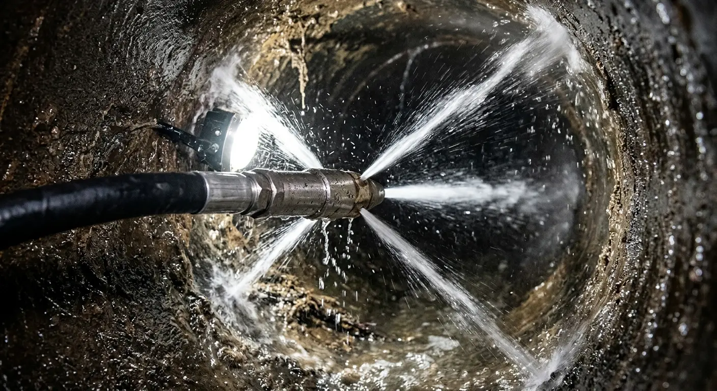 High-pressure hydro jetting nozzle cleaning sewer pipe for Emergency Drain Service in Wantage