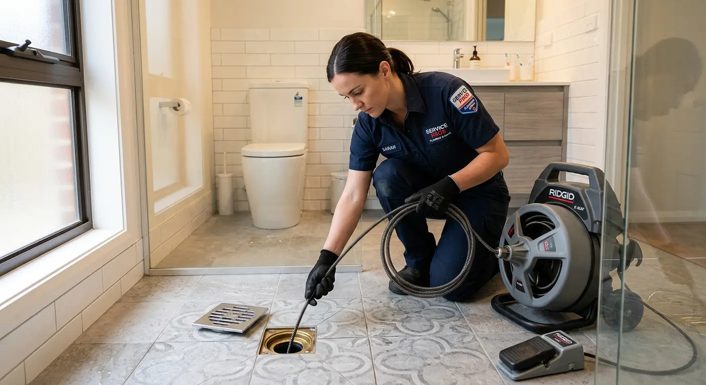 Technician clearing a bathroom floor drain for Clogged Drain Repair in Wantage